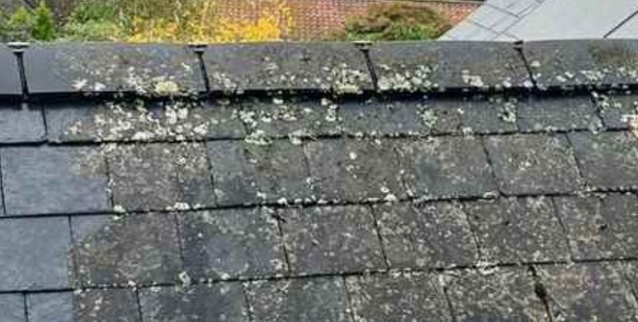 Roof with moss, dirt, and weather damage before professional roof coating service in Central Scotland